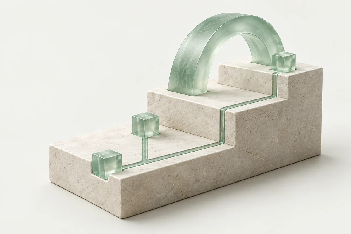 Interlocking stone foundations connected by a sculptural mint glass arch