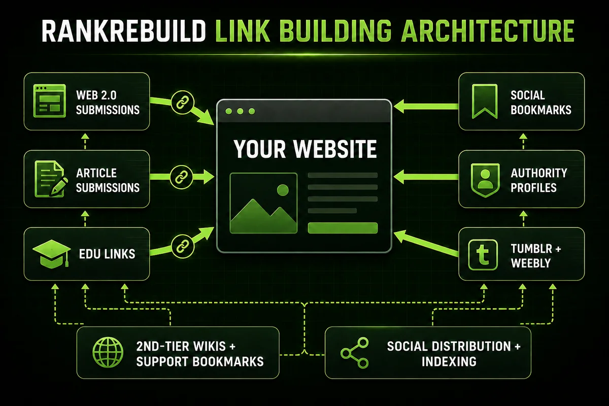 RankRebuild link-building diagram showing Web 2.0 submissions, article submissions, EDU links, social bookmarks, authority profiles, Tumblr and Weebly sending backlinks to the client website, supported by second-tier wikis, bookmarks, social distribution and indexing